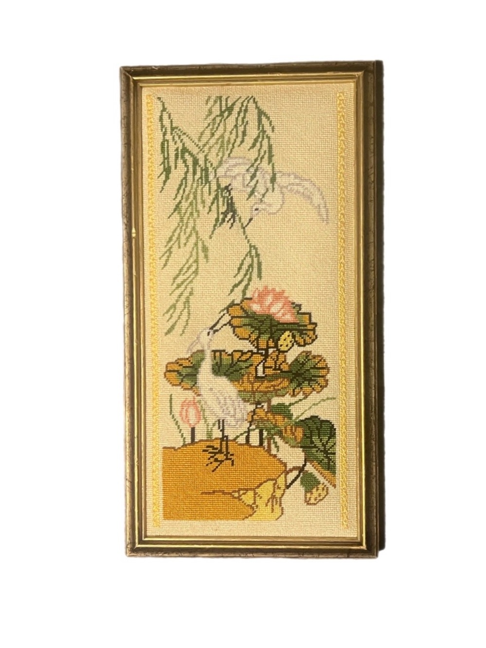 Vintage 7x14 Framed Hand-Stitched Crane Cross Stitch | Chinoiserie Wall Art